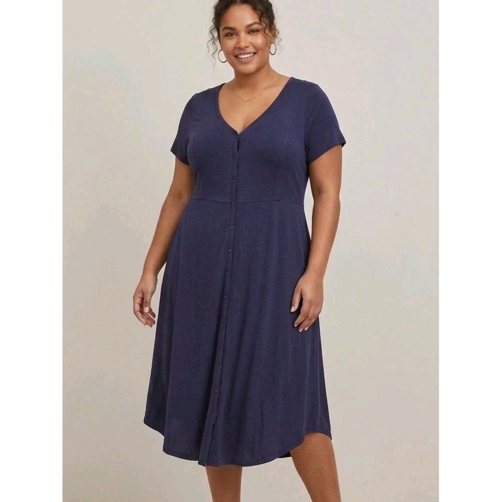 Torrid Midi Challis‎ Button Down Shirt Dress Plus Size 2X Blue Short Sleeve